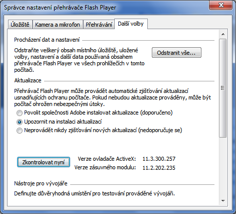 Flash Player - nastavení aktualizací