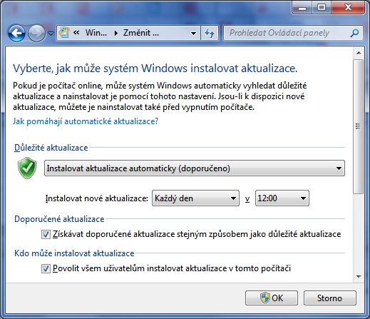 Automatické aktualizace ve Windows 7