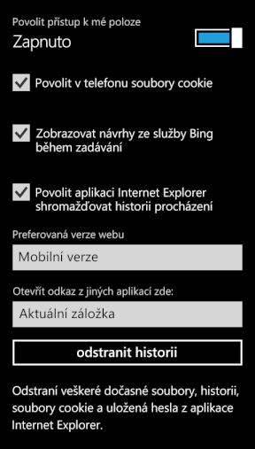 Nastavení mobilního Internet Exploreru 9