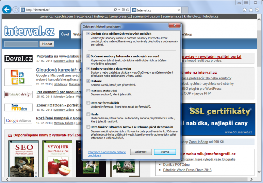 Internet Explorer 10 - odstranění historie