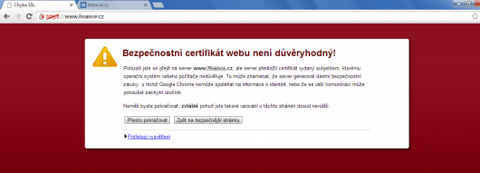 Varovná hláška nedůvěryhodnýmch SSL certifikátů