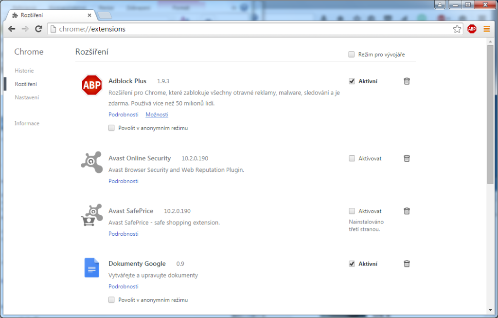 chrome vypnutí rozšíření