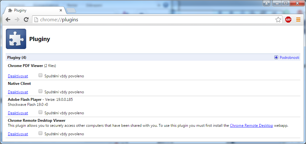 vypnutí pluginů v Google Chrome