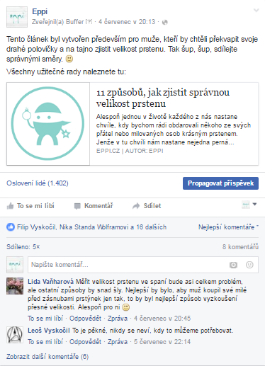 Příspěvek na Facebooku o velikosti prstenu